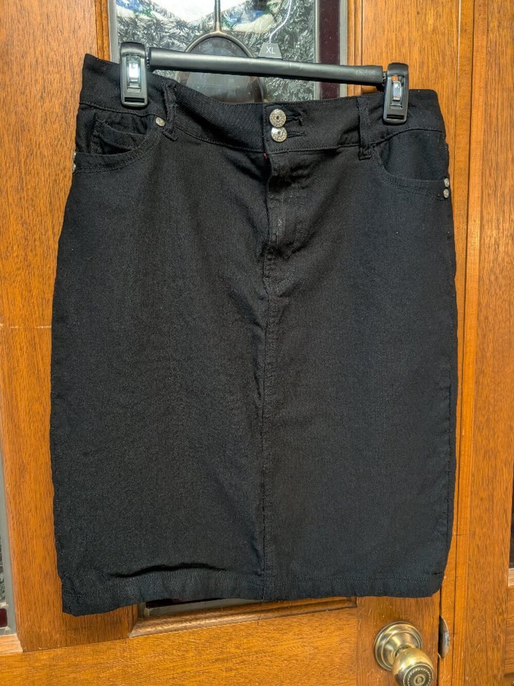 Womens black denim pencil skirt, size 14